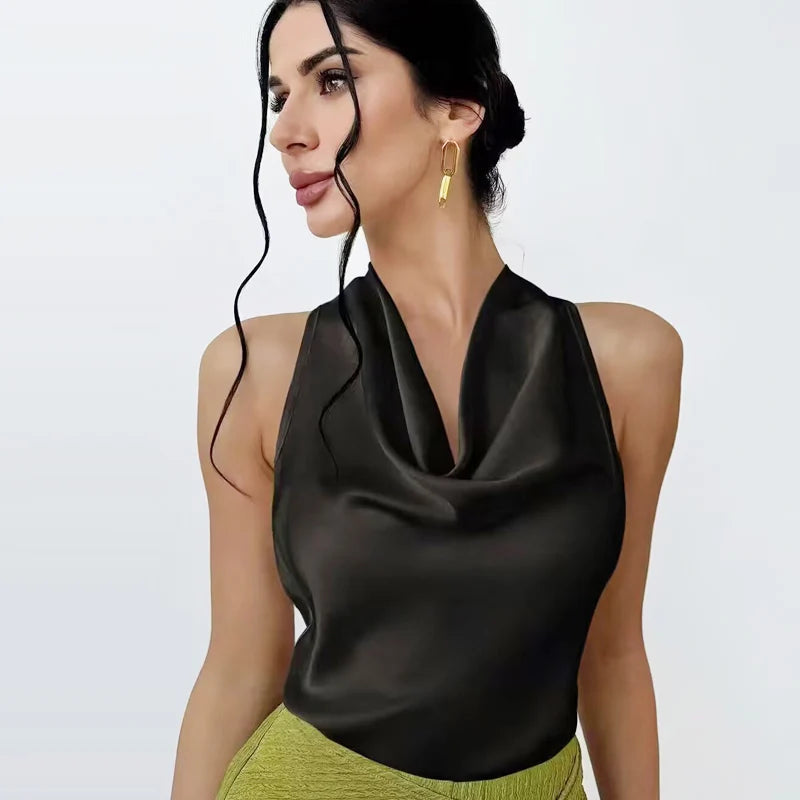 Satin Halter Sleeveless Open back Summer Top Off Shoulder
