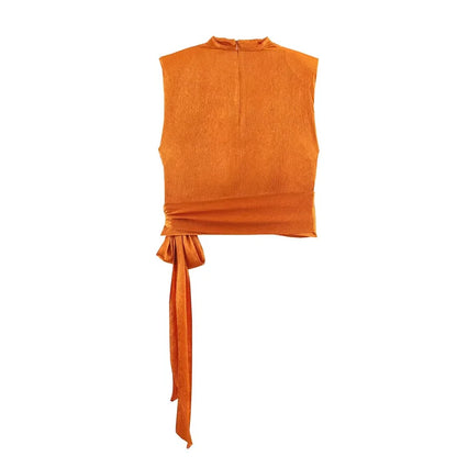Sleeveless Draped Satin Long ribbon Waist-Tie Top