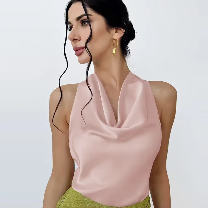 Satin Halter Sleeveless Open back Summer Top Off Shoulder