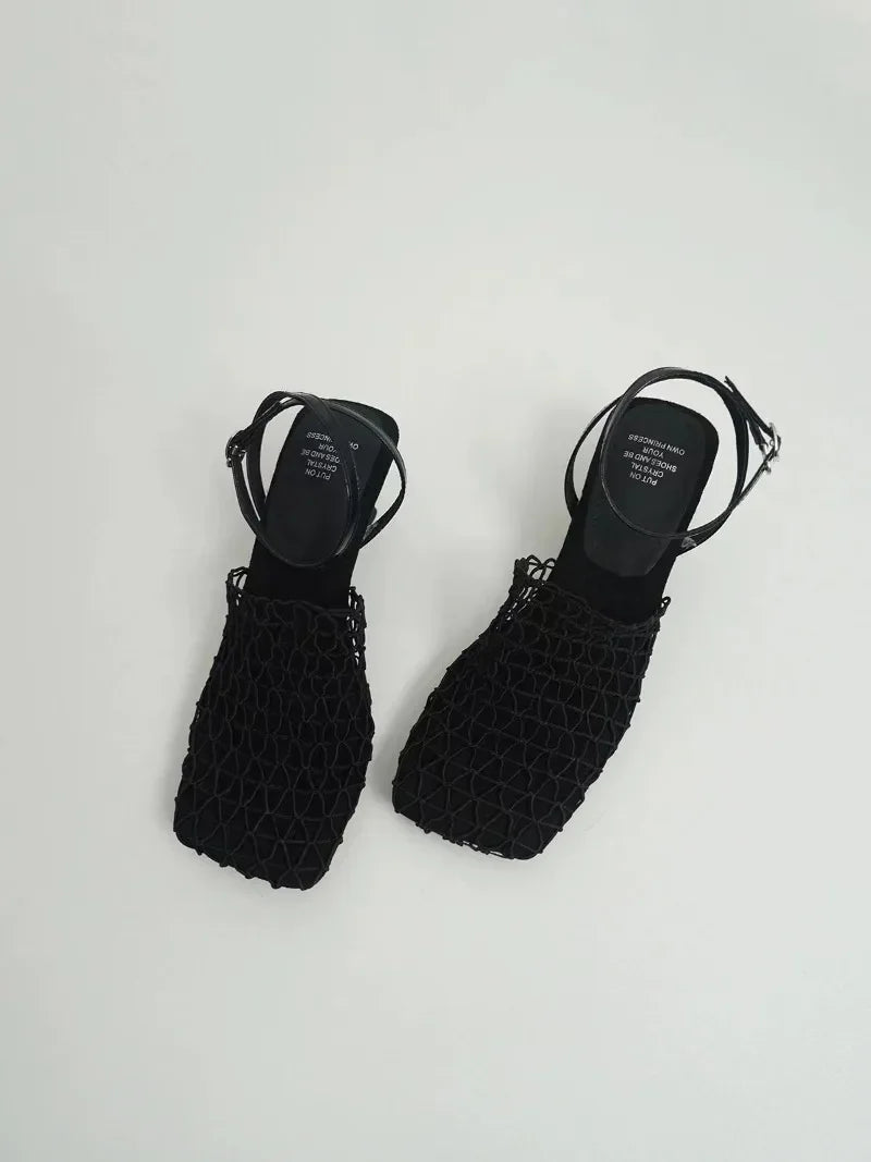 Luxury women's lace Mesh Fashion Sandals- Square Toe Shallow Narrow Strap Braided Slip-on High Heels Sandals