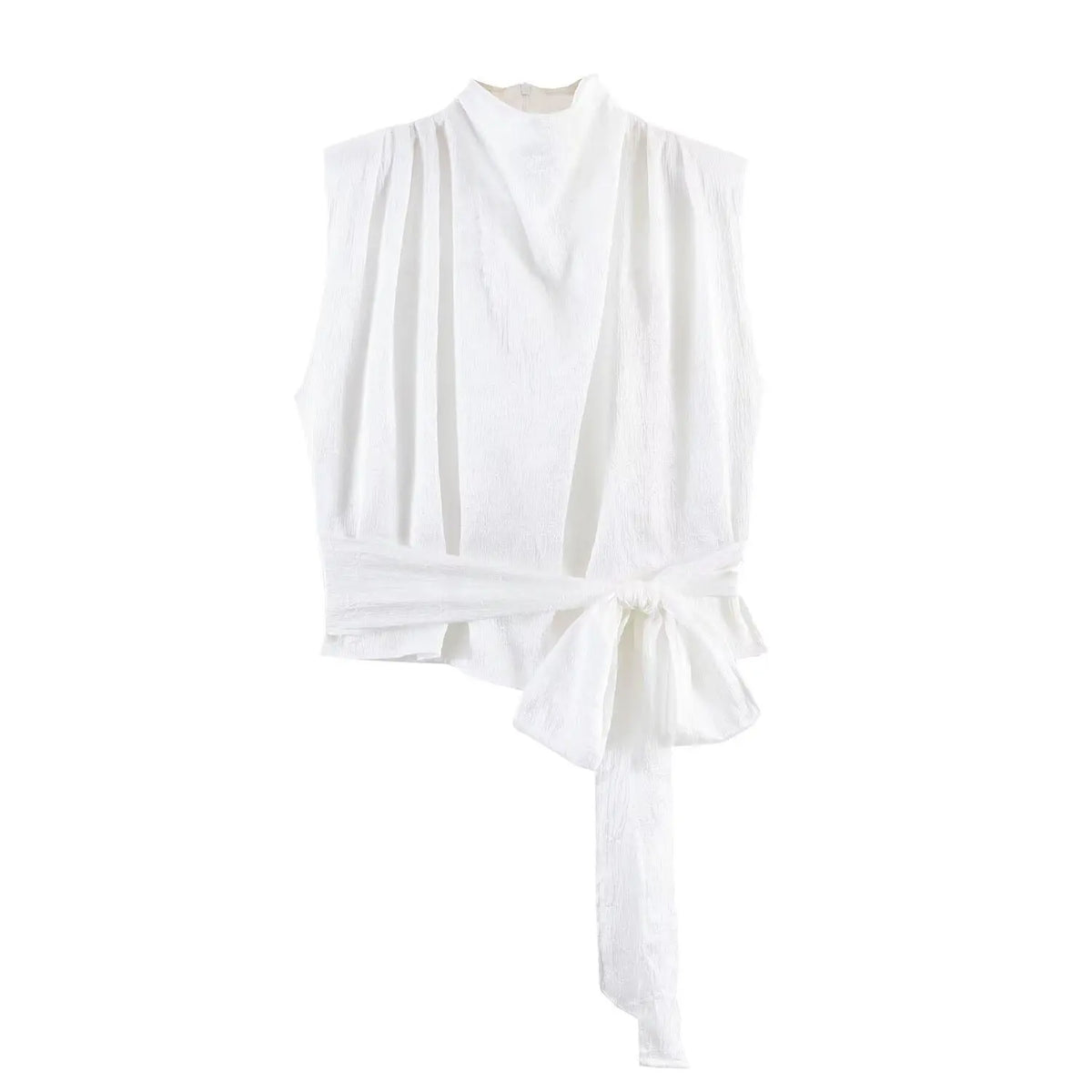 Sleeveless Draped Satin Long ribbon Waist-Tie Top