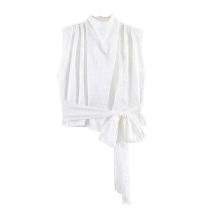 Sleeveless Draped Satin Long ribbon Waist-Tie Top