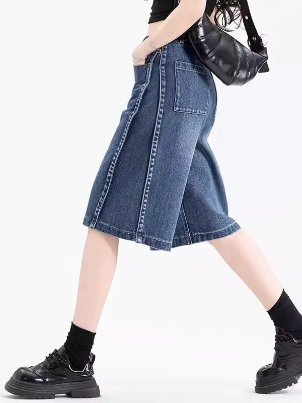 High Waist Loose Fit Thin Denim orts Women's Summer Casual Straight Leg Vintage Five-Point Pants Wide Leg Bootcut Jeans