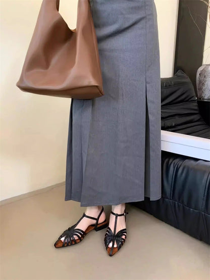 Sandals Summer Low Heel Ankle Strap Buckle Sandals Pointed Toe Hollowed Out T-strap Sandal