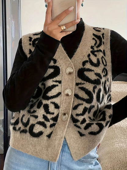Women's New Autumn and Winter Fashion Elegant V Neck Open Placket Collar Button Sleeveless Leopard Print Stylish Unique Niche De