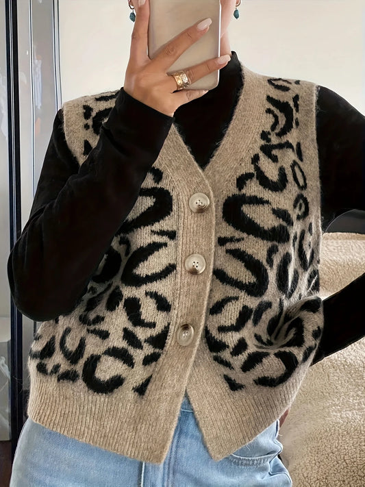 Women's New Autumn and Winter Fashion Elegant V Neck Open Placket Collar Button Sleeveless Leopard Print Stylish Unique Niche De