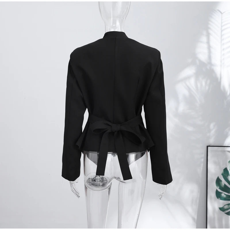 Casual Office Women's Blazer Jacket Pleated Waist Cinched Tie Up Long Sleeve Tops Elegant 2026 Spring Female Outerwear Outfit