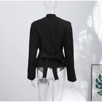 Casual Office Women's Blazer Jacket Pleated Waist Cinched Tie Up Long Sleeve Tops Elegant 2026 Spring Female Outerwear Outfit