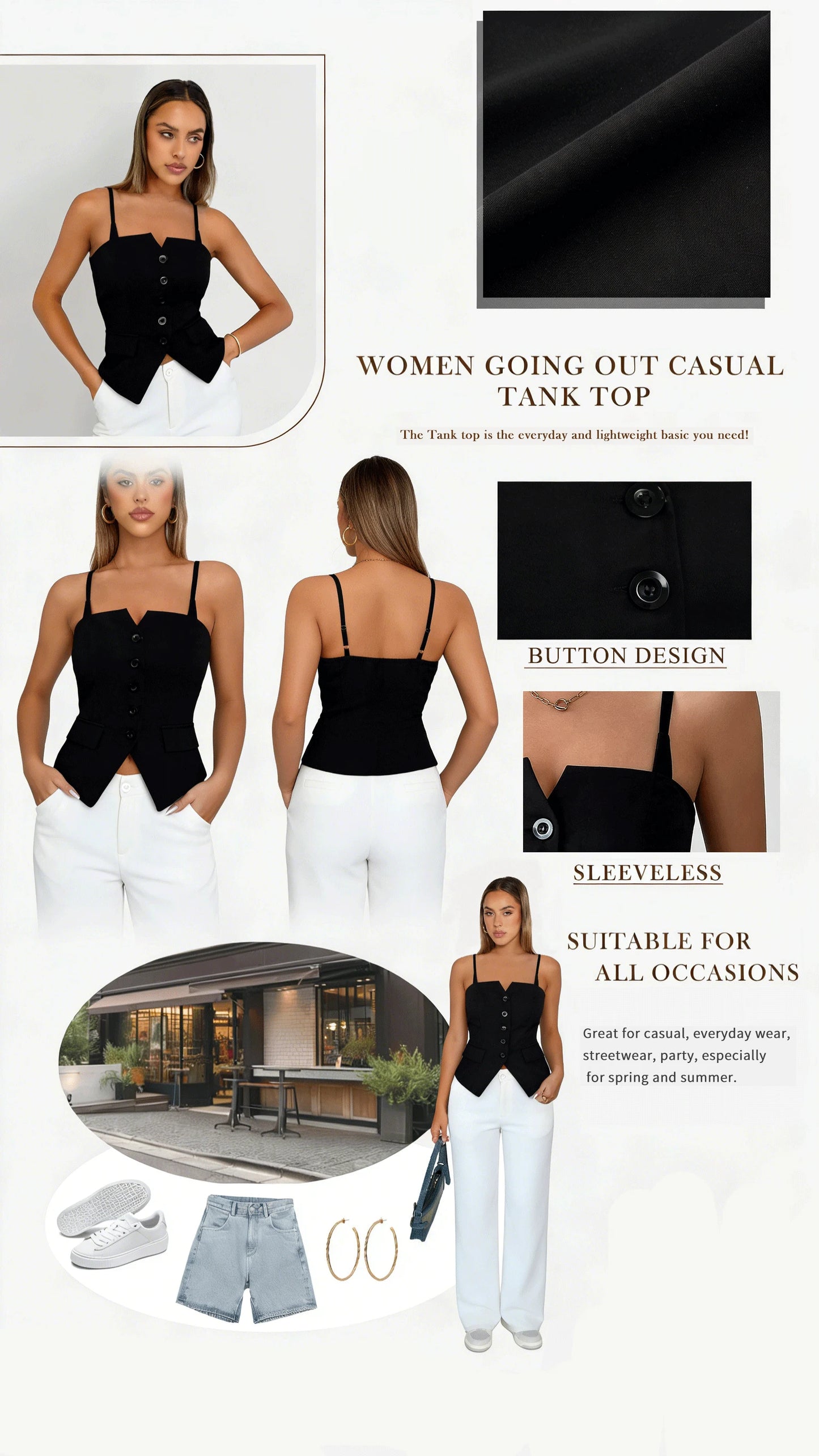 Women's Casual Tank Top Spring Summer Black Top Spaghetti Strap Sweetheart Neck Button Slim Fit Valentine's Day Elegant Sexy Top