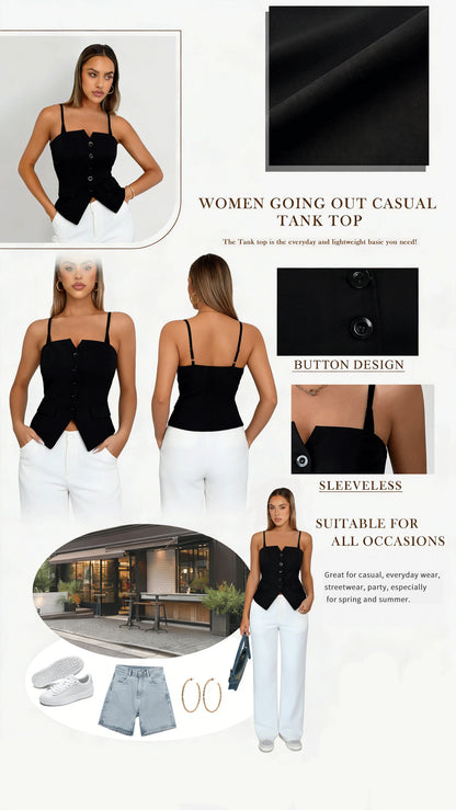 Women's Casual Tank Top Spring Summer Black Top Spaghetti Strap Sweetheart Neck Button Slim Fit Valentine's Day Elegant Sexy Top