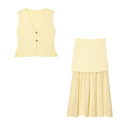 2 Piece Set Chic V-Neck Sleeveless Button Knitted Vest Top + Splicing High Waist Ankle-Length Skirt