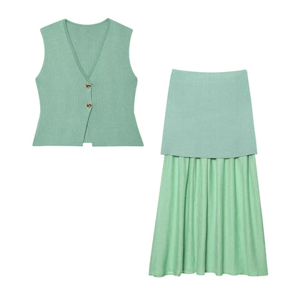 2 Piece Set Chic V-Neck Sleeveless Button Knitted Vest Top + Splicing High Waist Ankle-Length Skirt