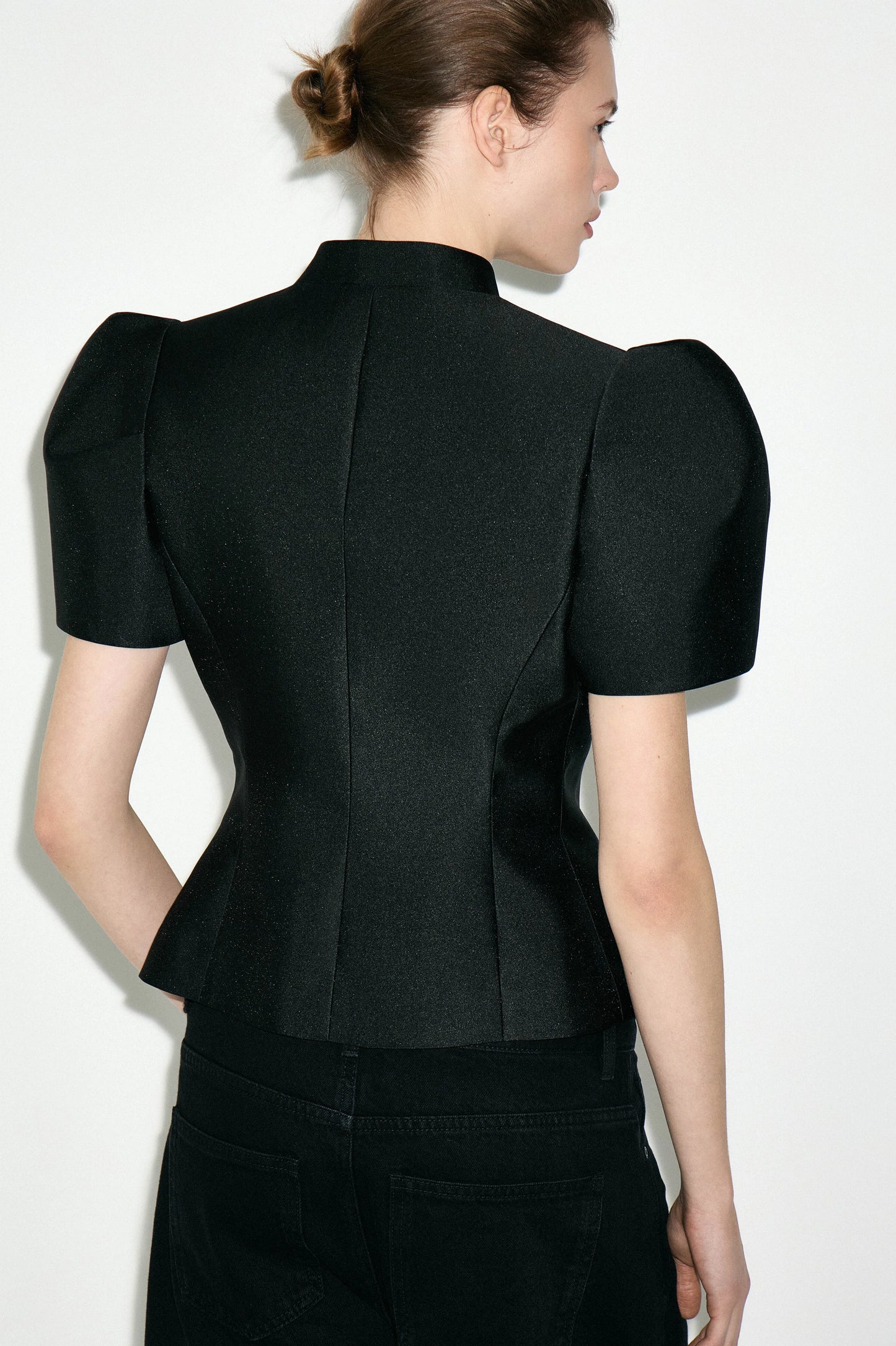 Solid Satin Round Neck Waist Cincher Shirt Slim Short Puffer Sleeved Single Breasted Tops 2026 Spring Women Elegant Blouses