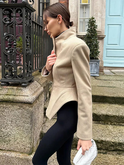 Women Pants Set Curved Hem Coat 2-Piece Sets Beige Stand Collar Jacket Hook Closure Top Wide Leg Trousers Casual Spring Outfit