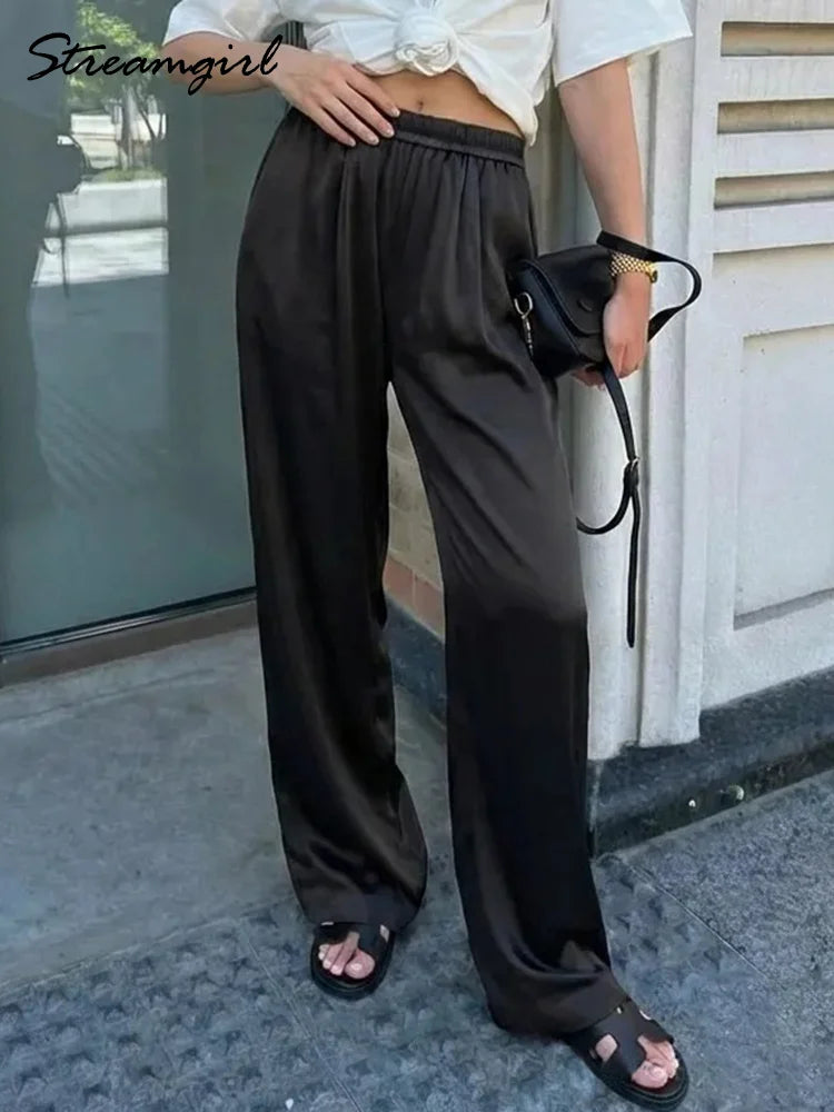 Luxury Wide Leg Baggy Satin High Waist Pants For Women Trousers With Pockets