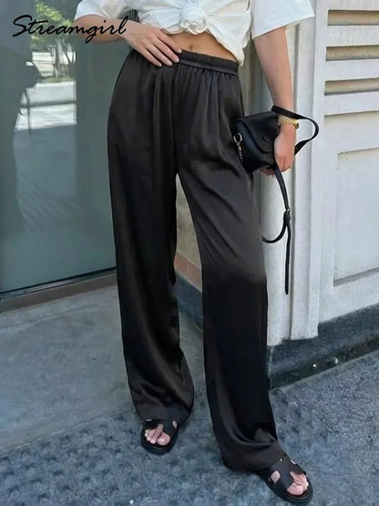 Luxury Wide Leg Baggy Satin High Waist Pants For Women Trousers With Pockets