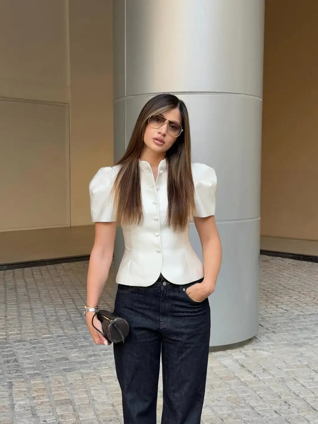 Solid Satin Round Neck Waist Cincher Shirt Slim Short Puffer Sleeved Single Breasted Tops 2026 Spring Women Elegant Blouses
