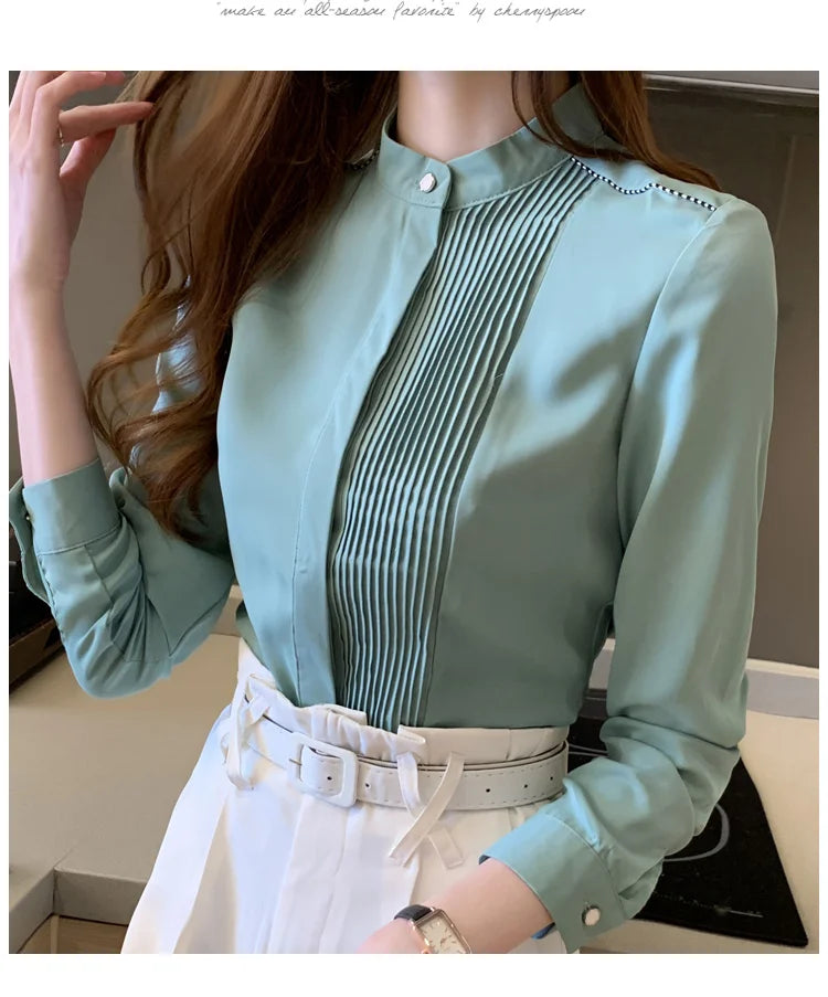 Long Sleeve Chiffon Blouse Shirt Women V-Neck-  Office Lady Blouse