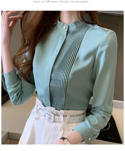 Long Sleeve Chiffon Blouse Shirt Women V-Neck-  Office Lady Blouse