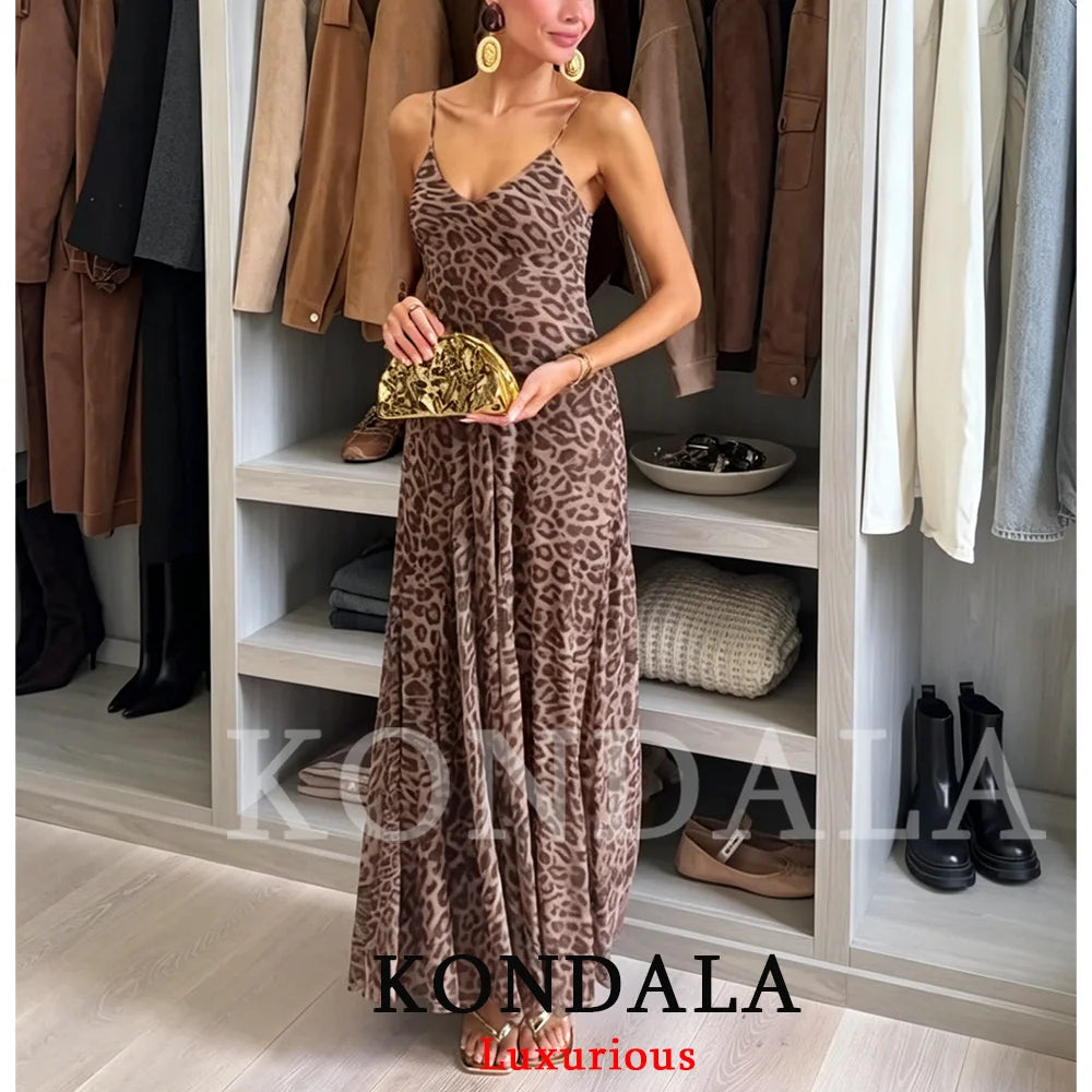 KONDALA Vintage Sexy Women Long Cami Chiffon Dress Leopard Beach Holiday Party Dress Fashion 2026 Spring Summer Elegant Dress