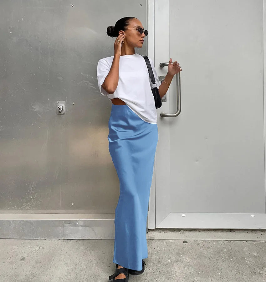 Elegant Satin Black Trumpet Skirts Fashion Slim High Waist Skirts Women Female 2024 Solid Office Long Skirt Spring Summer