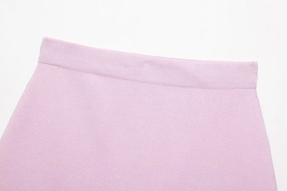 Knitted Skirt Suit Crew Neck Single-Breasted Short Sleeve Top+Fashion Elegant Elastic Waist Mini Skirt