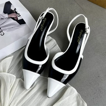 Black White Low Heeled Sandals Women Sexy Pointed Toe Slingbacks Chunky low Heels for Women Elegant Heels