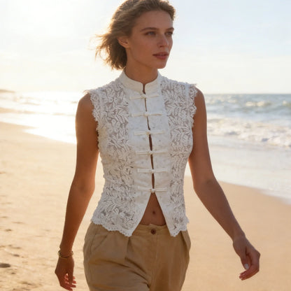 Lace Crop Top Sleeveless Chinese Frog Button Vest