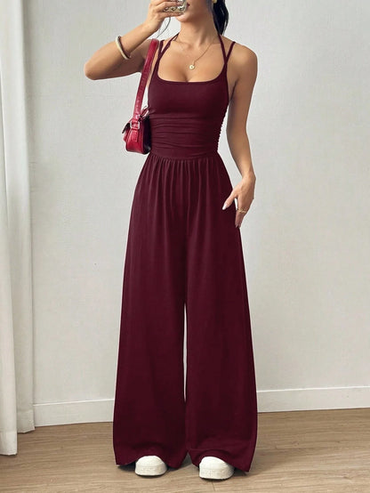 New Spring Summer Jumpsuit Solid Color Casual Simple Spring Summer Suspender Sleeveless High Waist Backless Loose Overalls