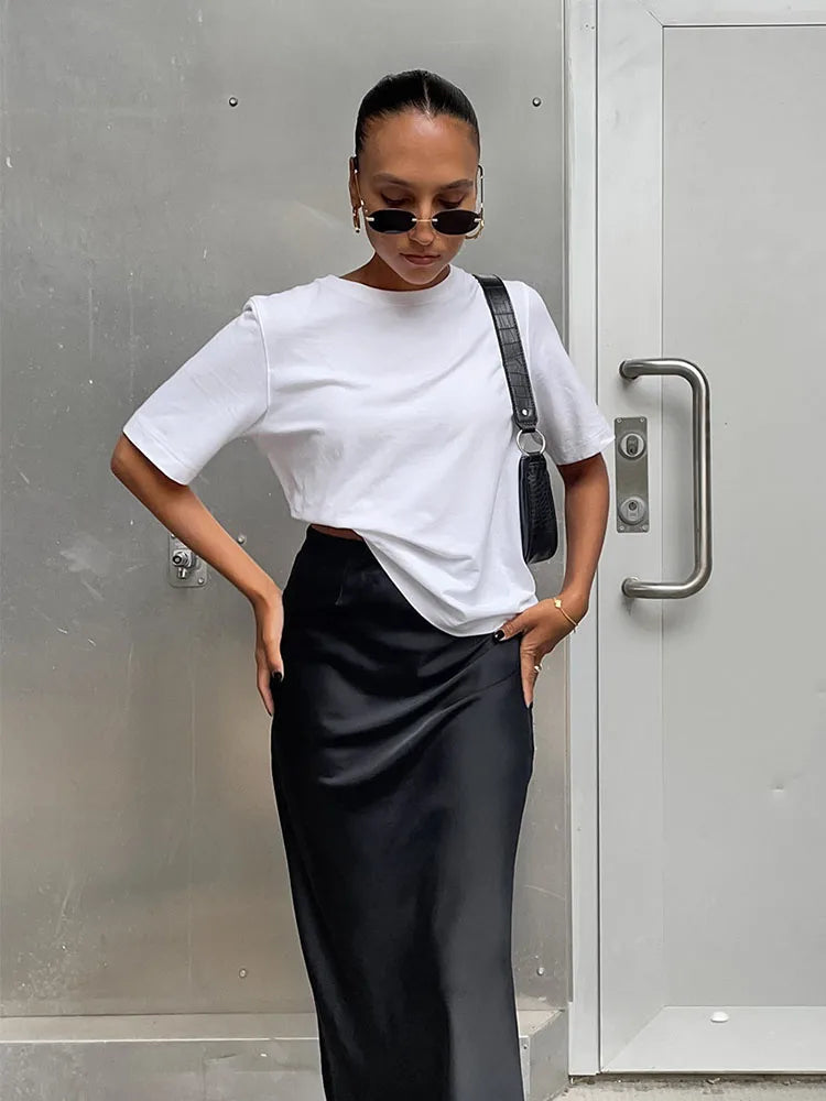 Elegant Long  Slim High Waist Satin Black Trumpet Skirts