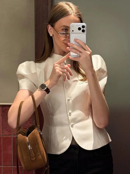 Solid Satin Round Neck Waist Cincher Shirt Slim Short Puffer Sleeved Single Breasted Tops 2026 Spring Women Elegant Blouses