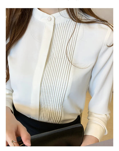 Long Sleeve Chiffon Blouse Shirt Women V-Neck-  Office Lady Blouse