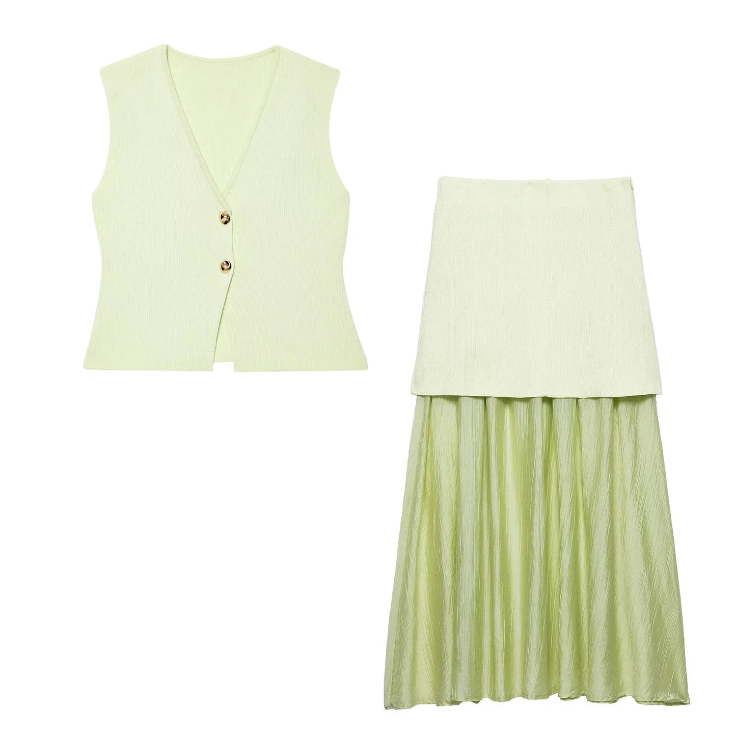 2 Piece Set Chic V-Neck Sleeveless Button Knitted Vest Top + Splicing High Waist Ankle-Length Skirt