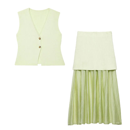 2 Piece Set Chic V-Neck Sleeveless Button Knitted Vest Top + Splicing High Waist Ankle-Length Skirt