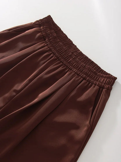 Luxury Wide Leg Baggy Satin High Waist Pants For Women Trousers With Pockets
