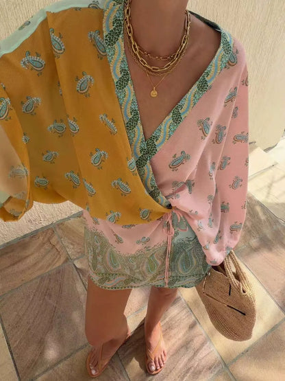 Bohemian Color Block Paisley Print Kimono Wrap Mini Dress V Neck 3/4 Sleeve