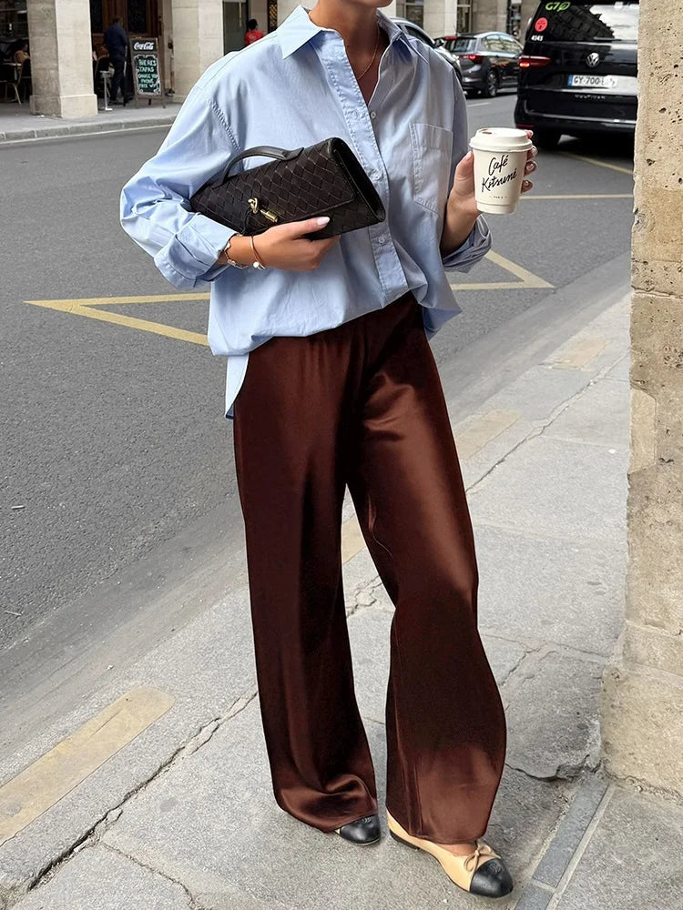 Luxury Wide Leg Baggy Satin High Waist Pants For Women Trousers With Pockets