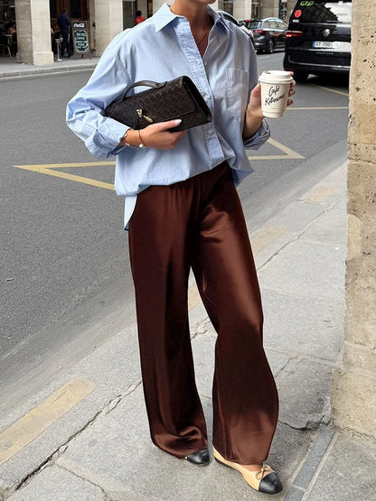 Luxury Wide Leg Baggy Satin High Waist Pants For Women Trousers With Pockets