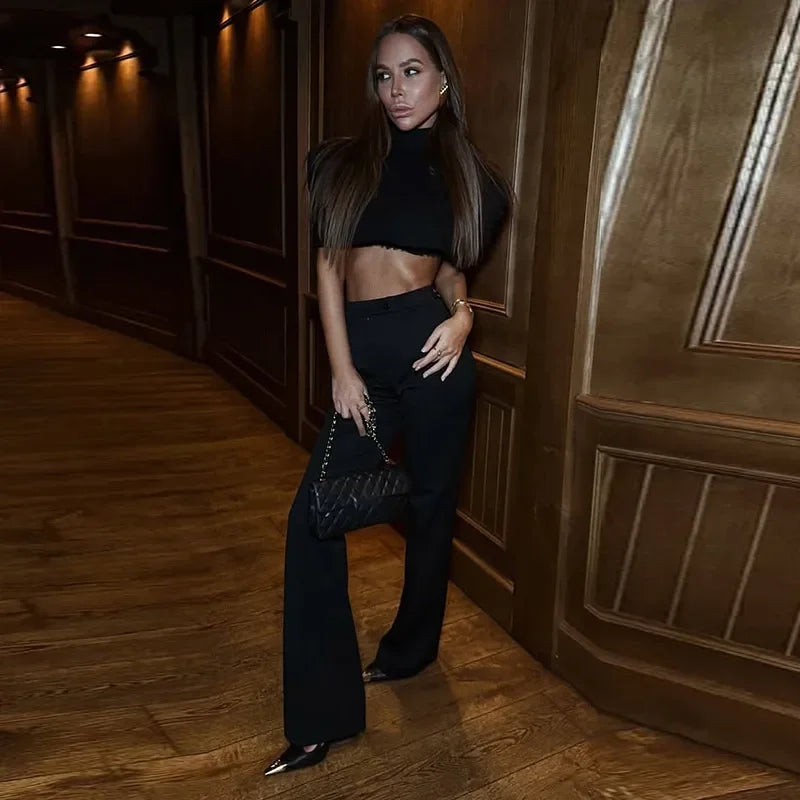 Shawl Crop Tops  Solid Shoulder Pads Stand Collar