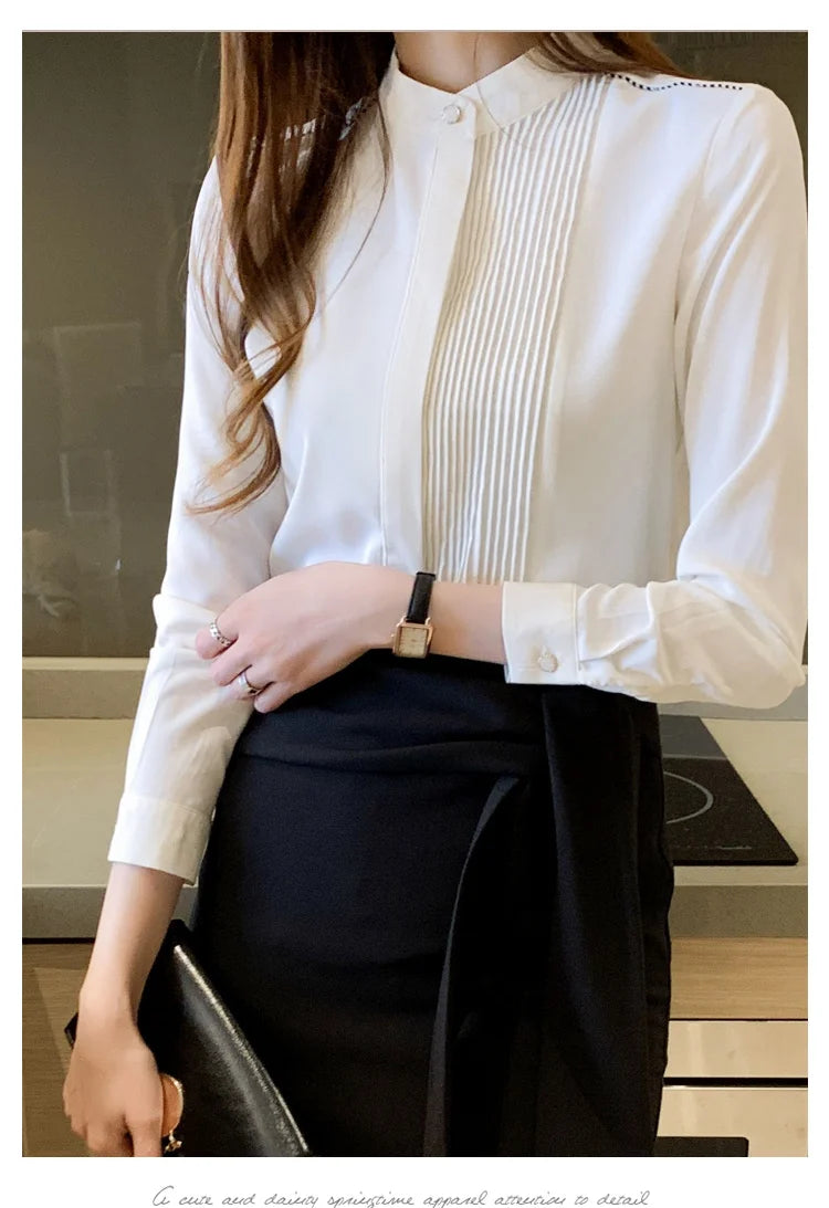 Long Sleeve Chiffon Blouse Shirt Women V-Neck-  Office Lady Blouse