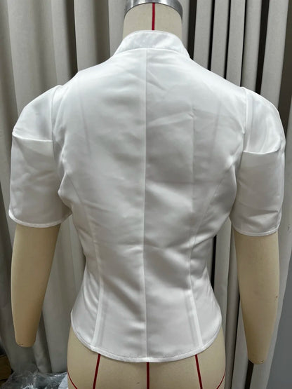 Solid Satin Round Neck Waist Cincher Shirt Slim Short Puffer Sleeved Single Breasted Tops 2026 Spring Women Elegant Blouses