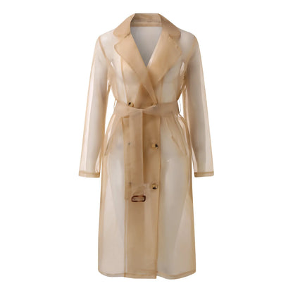 Jackets For Womens Mesh Transparent Overcoat Long Sleeve Buttoned Coat With Belt Turndown Collar Light Weight Long Jackets