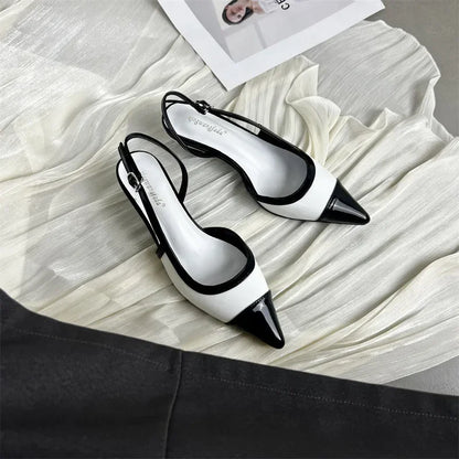 Black White Low Heeled Sandals Women Sexy Pointed Toe Slingbacks Chunky low Heels for Women Elegant Heels