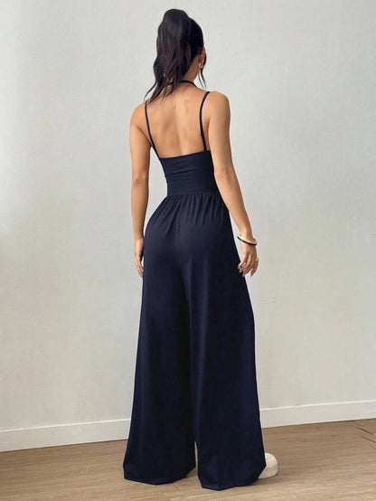 New Spring Summer Jumpsuit Solid Color Casual Simple Spring Summer Suspender Sleeveless High Waist Backless Loose Overalls