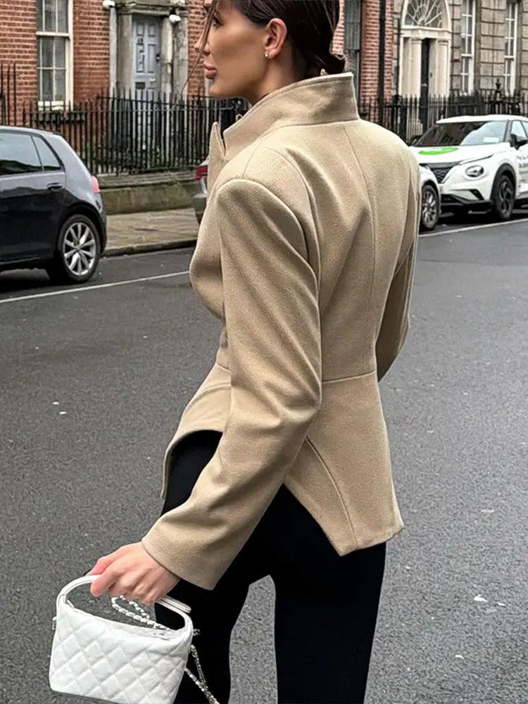Women Pants Set Curved Hem Coat 2-Piece Sets Beige Stand Collar Jacket Hook Closure Top Wide Leg Trousers Casual Spring Outfit