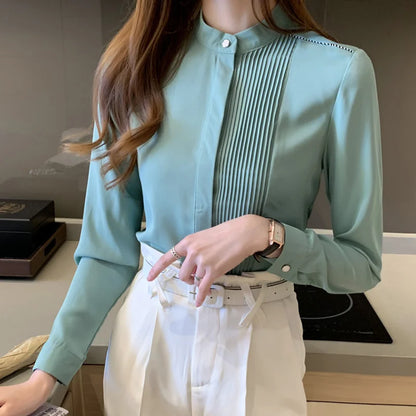 Long Sleeve Chiffon Blouse Shirt Women V-Neck-  Office Lady Blouse