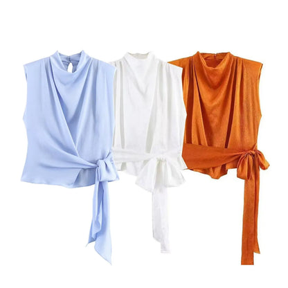 Sleeveless Draped Satin Long ribbon Waist-Tie Top