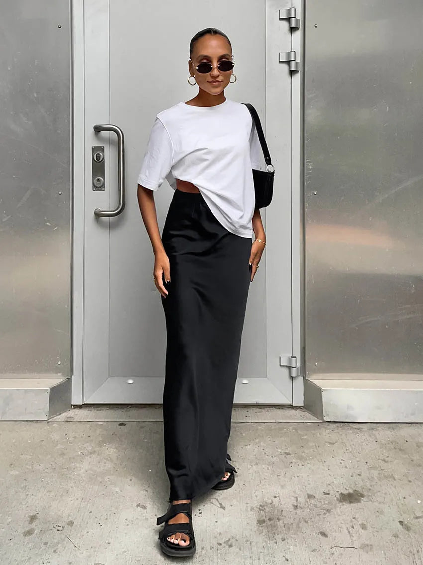 Elegant Satin Black Trumpet Skirts Fashion Slim High Waist Skirts Women Female 2024 Solid Office Long Skirt Spring Summer