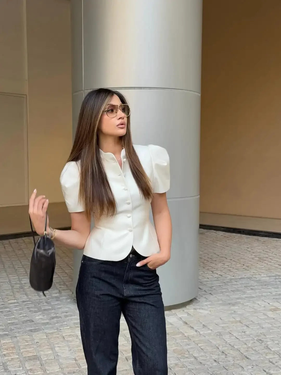 Solid Satin Round Neck Waist Cincher Shirt Slim Short Puffer Sleeved Single Breasted Tops 2026 Spring Women Elegant Blouses