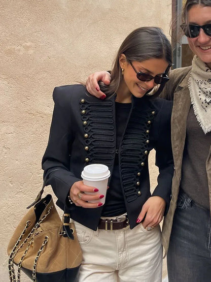 Military-Inspired Shoulder Pads Gold Button Braided Slim Blazer